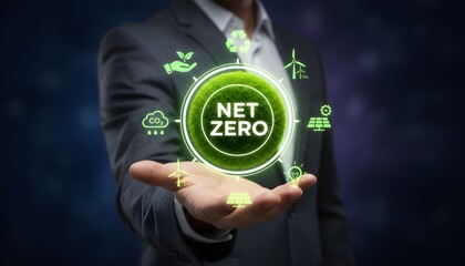 Businessman presenting Net Zero concept with environmental icons symbolizing sustainability and carbon footprint reduction for corporate strategy and eco-friendly initiatives