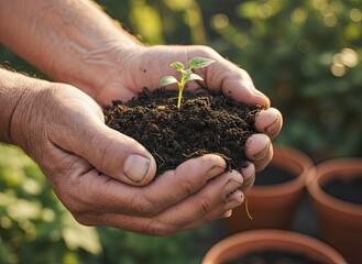 Mature Hands Gently Cupping Rich Dark Soil With A Tiny Green Seedling Growing In Natural Sunlight Outdoors