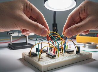 Hands Connecting Colorful Wires On A Breadboard With Integrated Circuits And Electronic Components Illuminated By A Desk Lamp