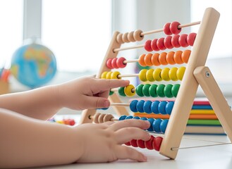 Childs Hands Counting Colorful Wooden Beads on an Abacus Desk with Globe and Books in Background Natural Daylight