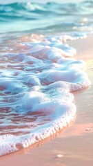 Close Up Of Gentle Ocean Waves Breaking On Sandy Beach At Sunrise With Soft Golden Light Reflecting On The Water And Foam