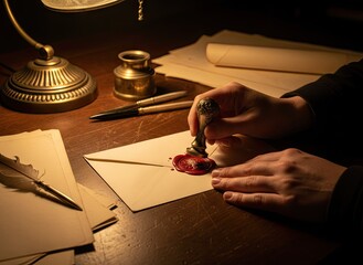 Sealing a Letter With Red Wax And A Vintage Seal On A Wooden Desk With An Antique Lamp And Quill Pen