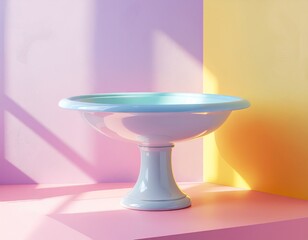 Minimalist Pedestal Bowl With Teal Water In Soft Pastel Yellow Pink And Purple Corner With Sunbeam Shadows
