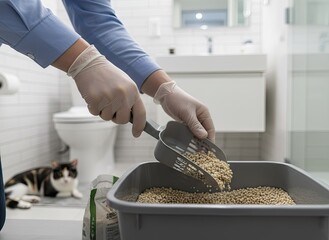 Person in Blue Shirt and Gloves Scooping Cat Litter in Bathroom with Calico Cat Lying on Floor