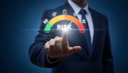 Businessman touching a risk meter gauge with icons representing financial assessment and business strategy on a dark blue background