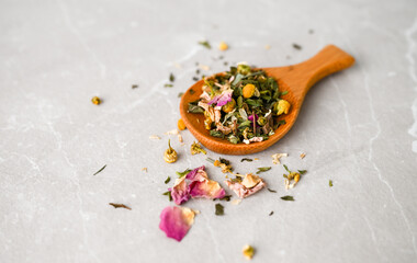 Spoonful of Loose Leaf Chamomile Tea with Spearmint, Rose Petals and Other Herbs