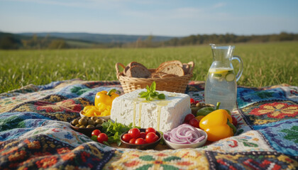 Healthy Picnic Spread Of Feta Cheese Cherry Tomatoes Olives And Yellow Bell Peppers On A Colorful Blanket In A Grassy Field During Daytime