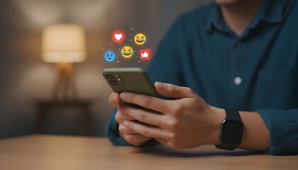 A person's hands holding a smartphone with social media reaction emojis floating above it.