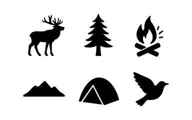 Fototapeta premium Camping and outdoors icons in a simple, minimalist black and white style