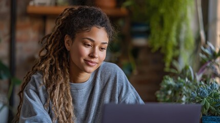 Medium shot of a young adult engaging with a webbased AI career counselor on a laptop exploring various career options and educational resources from home.