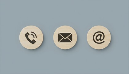 Set of three circular contact icons including phone email and at symbol for web and app design isolated on a muted blue background