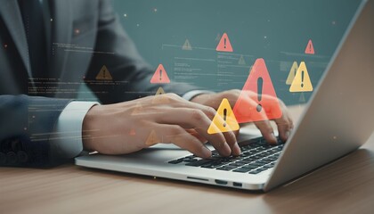 Businessman typing on laptop with digital warning signs and data streams concept of cybersecurity alert and system error