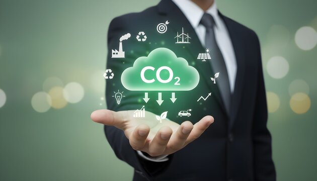 Businessman holding a glowing green CO2 cloud with environmental icons, symbolizing carbon capture and sustainability efforts.