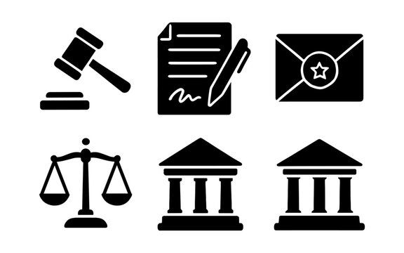 Legal icons set: gavel, scales, courthouse, contract, and envelope