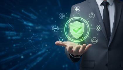 Businessman holding a glowing shield icon with checkmark representing security and protection digital concept for cybersecurity and data safety
