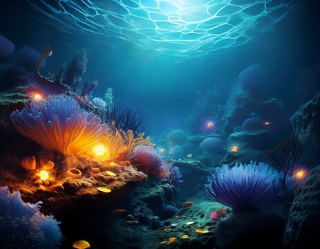 glowing creatures thrive in the depths of a deep sea hydrothermal vent - Powered by Adobe