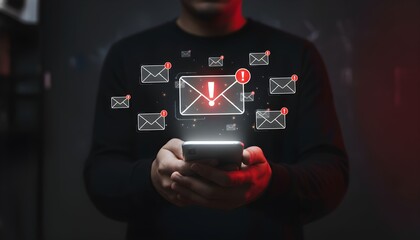 A person holding a smartphone with numerous email icons and notifications appearing around it, symbolizing digital communication and alerts.