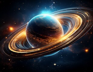 cosmic ringed planet with sparkling dust and debris