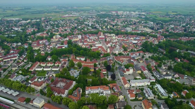 Aerial view of the old town and city Erding in Germany, Bavaria on a sunny noon spring day