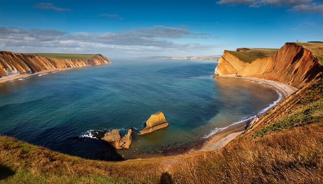 serene ocean bay surrounded by golden cliffs and hills - Powered by Adobe