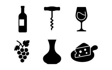 Naklejka premium Wine and cheese icons in silhouette on a white background