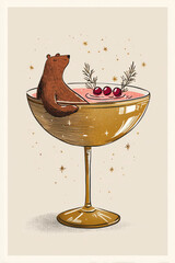 Festive bear relaxing in a sparkling cocktail glass enjoying the holiday season celebration