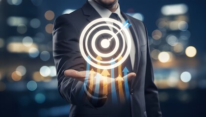 Fototapeta premium Businessman holding a glowing target icon with upward arrows representing business goals and success on a blurred city background