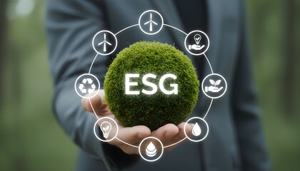 Businessman holding a green globe with ESG text surrounded by environmental icons representing sustainable business and corporate responsibility