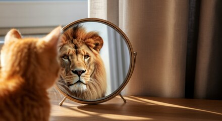 Cat looking into round mirror and seeing a lion reflection on tabletop