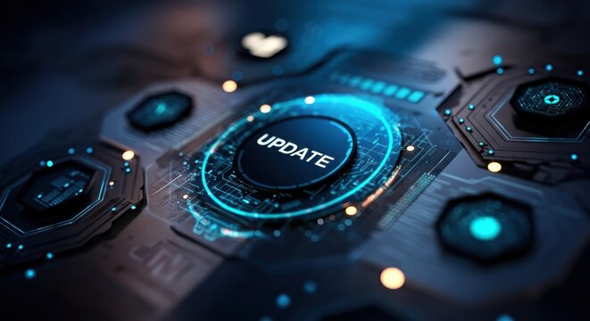Update button in futuristic digital interface with glowing circuit elements