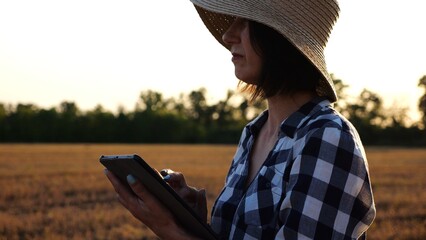 Female agronomist in straw hat monitoring harvest on barley field at sunset. Adult farmer using digital tablet on wheat meadow at dusk. Beautiful scenic landscape. Concept of agricultural business
