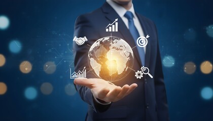 Businessman holding a glowing earth with business growth icons representing global finance and digital strategy concept for international trade and technology