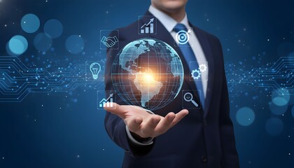 A businessman holding a glowing digital globe with abstract technology icons and network connections, representing global business and innovation.