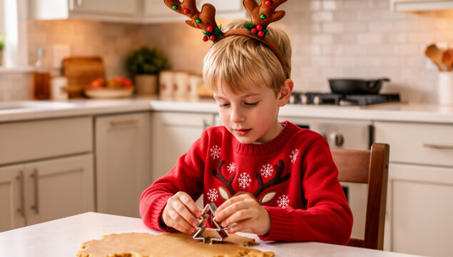 Cute child wearing reindeer headband and Christmas sweater making tree-shaped holiday cookies in modern kitchen