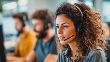 Medium shot of a professional comparing different noisecanceling headsets focusing on comfort and sound clarity for call center efficiency.