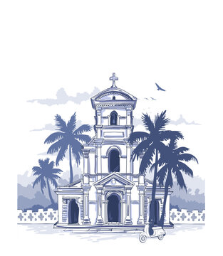 Monochrome vector of a vintage Portuguese colonial church with palm trees and scooter in Goa, India. Detailed line-art architecture for travel posters, tourism, heritage and landscape design
