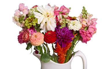 Fresh home grown flowers in ceramic pitcher, silo, no bg, png, cut-out