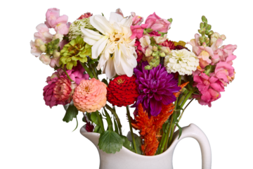 Fresh home grown flowers in ceramic pitcher, silo, no bg, png, cut-out
