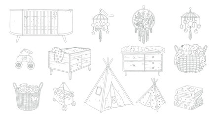 a hand drawn line art collection of baby nursery essentials and childhood objects ideal for newborn care and playful room designs.