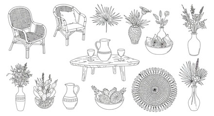 bohemian line art collection of hand drawn home decor rattan furniture tropical plants and fresh fruits perfect for summer lifestyle branding.