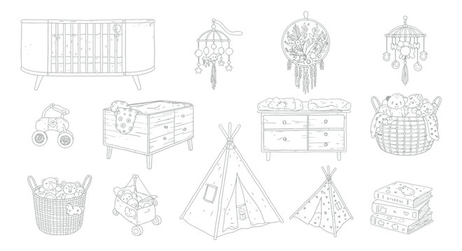 a hand drawn line art collection of baby nursery essentials and childhood objects ideal for newborn care and playful room designs.