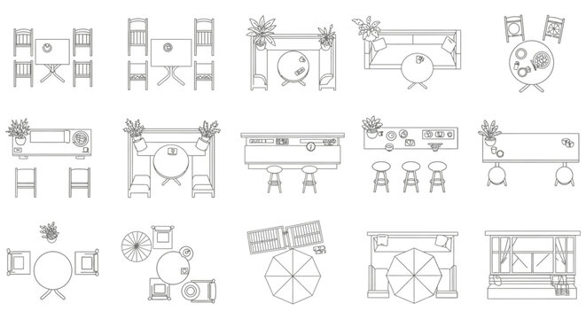 cafe restaurant furniture layouts top-down line art of diverse dining bar and outdoor arrangements for architectural design.