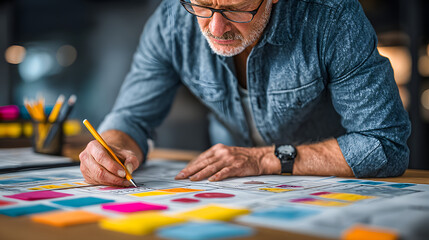 A business owner setting clear business goals with a detailed action plan, with goal-setting worksheets, a vision board, and strategic plans on the desk, illustrating the importance of defining clear