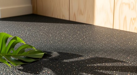 Monstera leaf resting on recycled rubber flooring with wooden wall in sunlit modern interior for sustainable design concept and eco-friendly living
