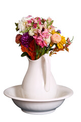 Fresh home grown flowers in ceramic pitcher, silo, no bg, png, cut-out