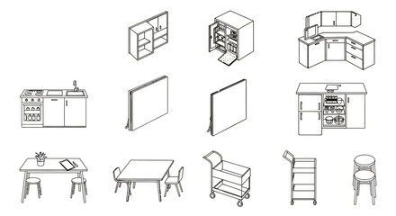 isometric line art kitchen and dining furniture set featuring modular units tables and carts for modern interior design layouts and plans.