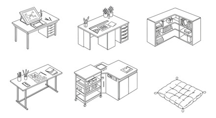 Naklejka premium isometric line art of modern creative workspaces desks drafting tables bookshelves and workstations for efficient studio design.