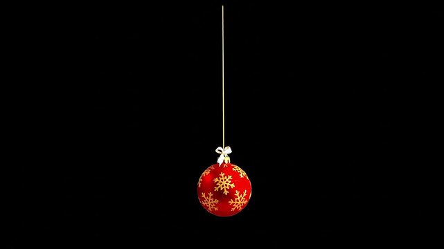 Animated red Christmas ornament with snowflake pattern hanging on a string on a black background. Perfect for Christmas, New Year, etc.