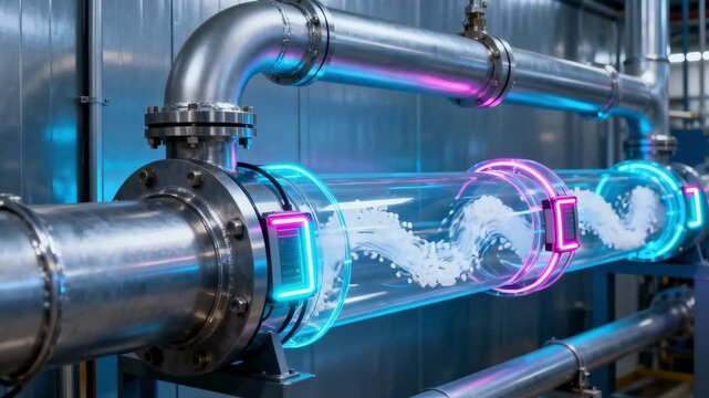 Medium shot of a smart pipe encapsulation system with glowing sensors monitoring gas flow in a hightech industrial environment