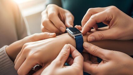 Multi-Generational Hands Adjusting Smart Health Tracker Wristband